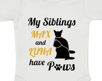 Personalized Cat Sibling Baby Bodysuit, Newborn Announcement Gift