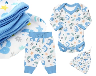 Elephant Baby Gift Set, Organic Cotton Clothes: Bodysuit, Blanket, Pant & Beanie