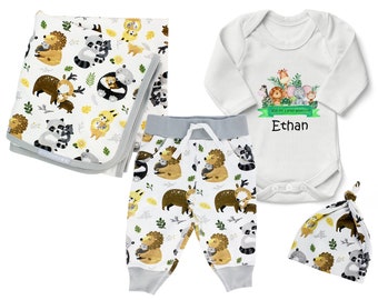 Safari Woodland Newborn Baby Gift Set I Outfit for Baby Coming Home I Personalized Animal Baby Shower Gift I Bodysuit Blanket Pant Beanie