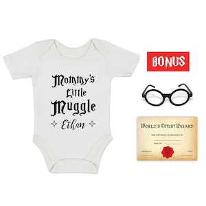 Personalized Mommy Little Wizard Newborn Baby Bodysuit I Custom Organic Cotton Clothes for Newborn Boy or Girl I Gift for Potter Infant Fans