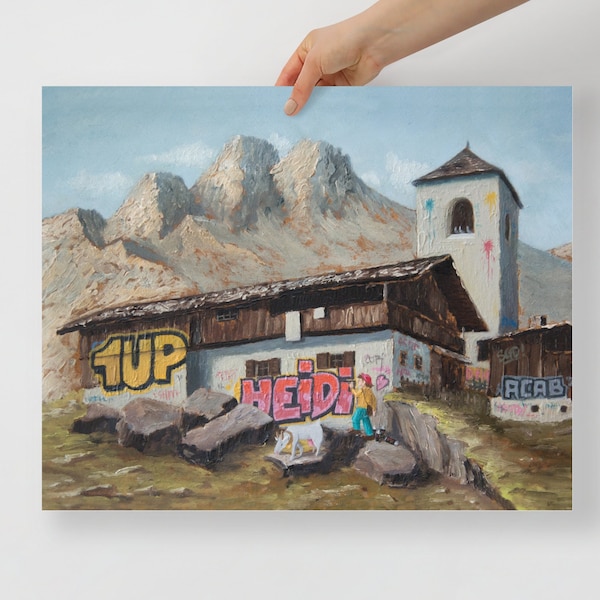 Heidi Graffiti - Vintage Gemälde als Poster Print mit Graffiti 1UP Streetart Bergen Alpen