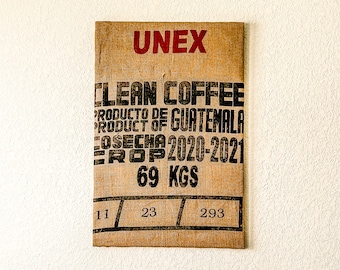 Guatemala Clean Coffee Framed Coffee Bag Art || Handmade Wall Art Kitchen Home Office Breakfast Nook Boho Farmhouse Rustic Cafecito Cafe