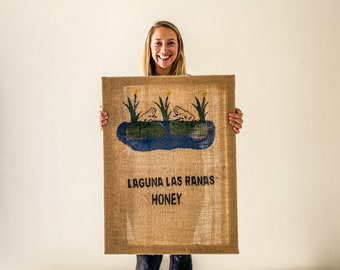 El Salvador Frogs Lake Framed Coffee Bag Art || Handmade Wall Art Kitchen Home Office Breakfast Nook Boho Farmhouse Rustic Cafecito Cafe