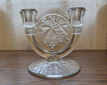 Indiana Glass Candlestick Holder Frosted Grape Double Light Vintage