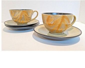 PIER 1 "Kioko" 2 Cups 3 Saucer Speckled Golden Flower Stoneware Discontinued Tea