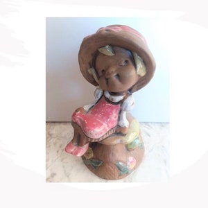 Mädchen auf Toadstool Figur Handbemalt USA Vintage Mid-Century Steinzeug