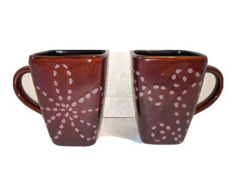 PIER 1 Koshi Hana Stoneware Square 2 Coffee Mugs Hot Tea Cups Brown Black 14 oz