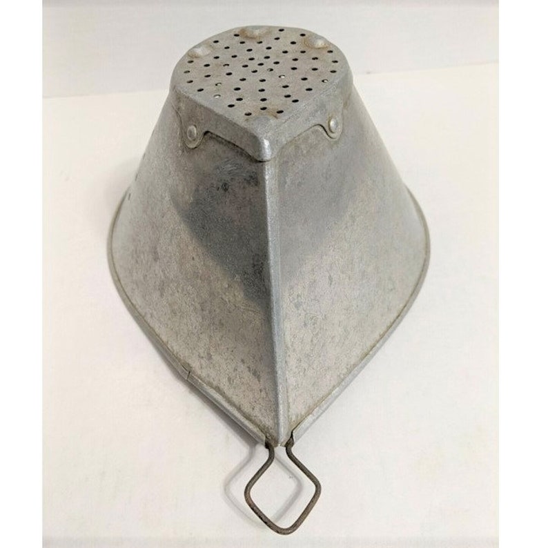 Antique Ovoid Teardrop Metal Colander Sieve Strainer Hanging Loop Riveted Base Farmhouse Decor Country Cottage image 4