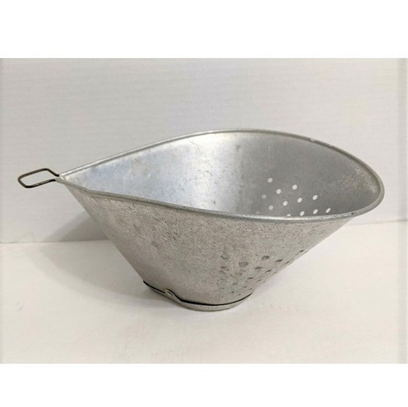 Antique Ovoid Teardrop Metal Colander Sieve Strainer Hanging Loop Riveted Base Farmhouse Decor Country Cottage image 6