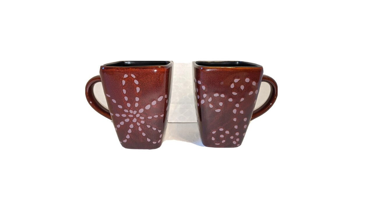 Pier 1 Koshi Hana Stoneware Mugs Brown Floral Square Tea Coffee