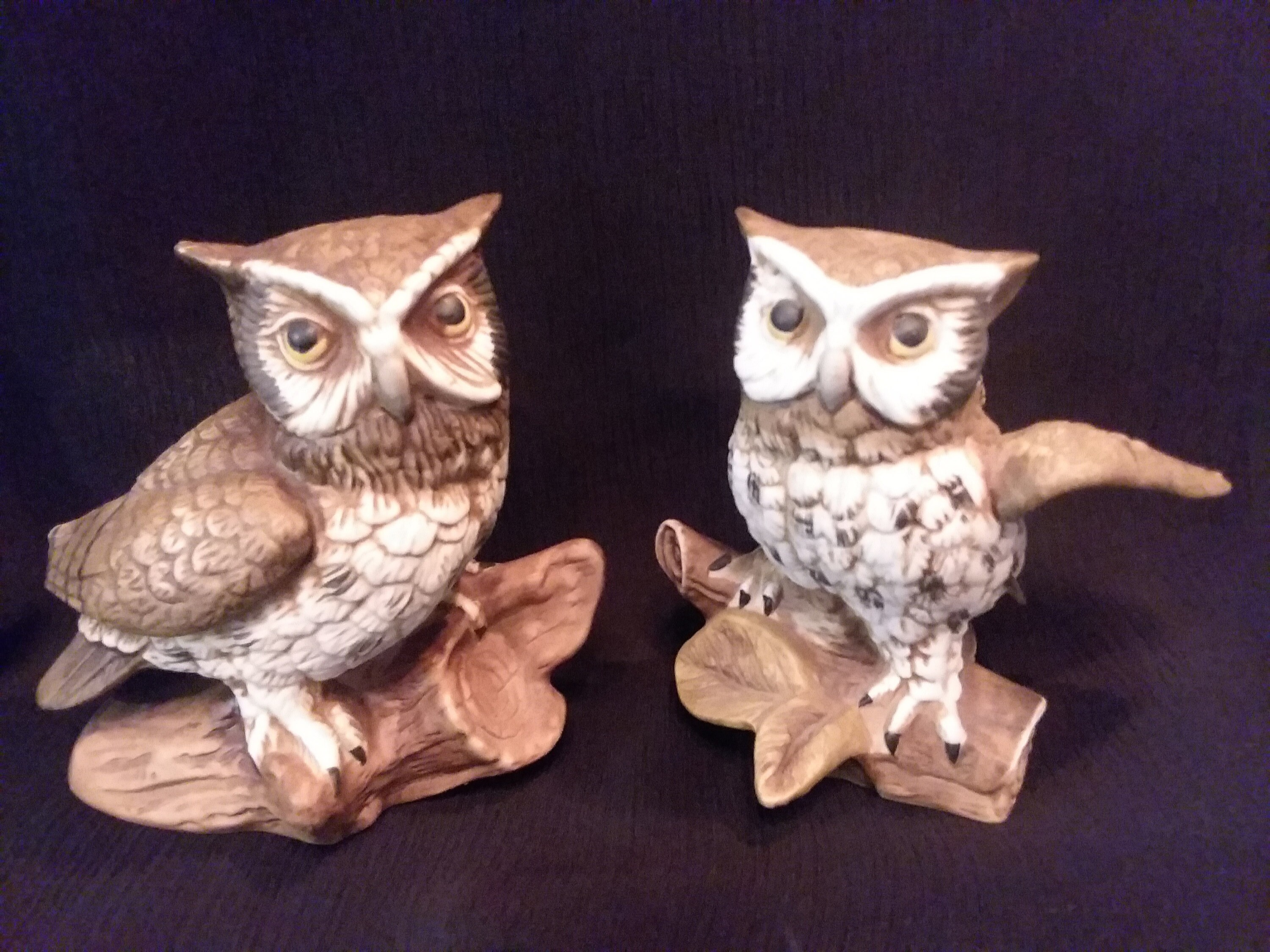 OWL Ceramic Figurines by HOMCO Vintage 1970s Porcelain Taiwan Set of 2 Perched