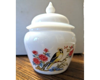 Vintage AVON White Milk Glass with Lid Ginger Jar Floral & Bird Design Candy Jar