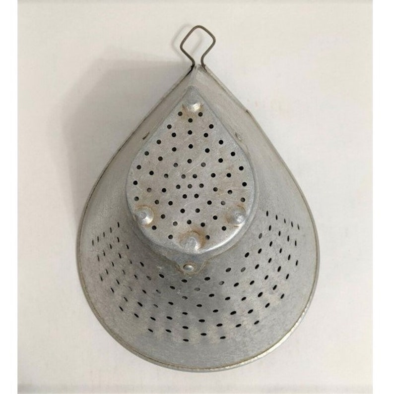 Antique Ovoid Teardrop Metal Colander Sieve Strainer Hanging Loop Riveted Base Farmhouse Decor Country Cottage image 2