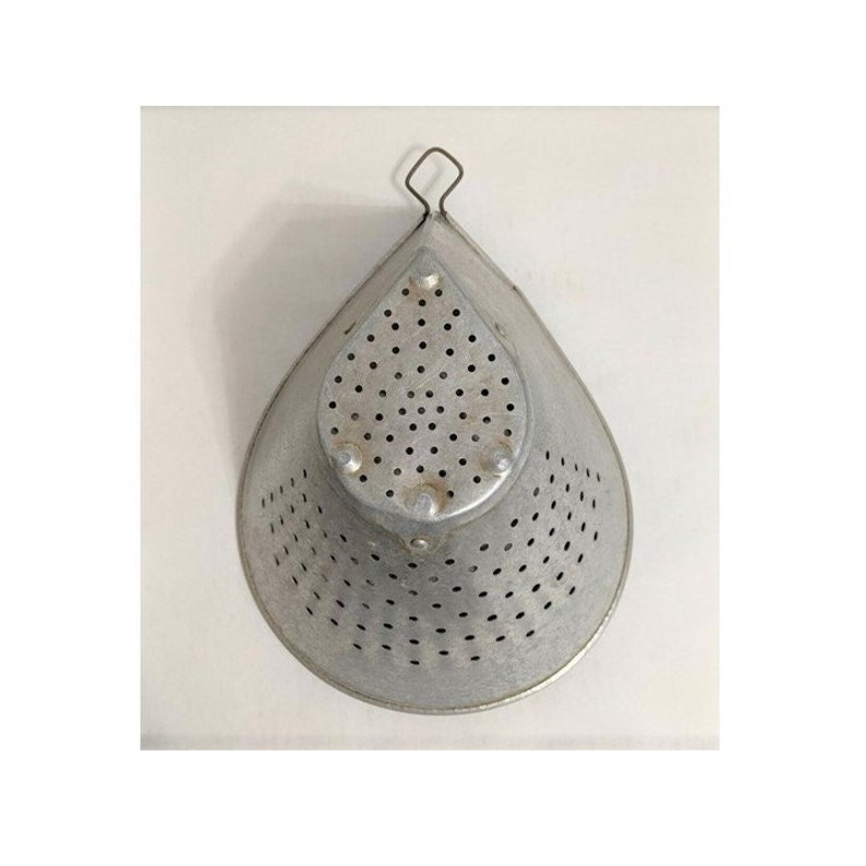 Antique Ovoid Teardrop Metal Colander Sieve Strainer Hanging Loop Riveted Base Farmhouse Decor Country Cottage image 1