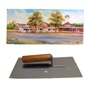 Folk Art Hand Painted Masonry Trowel Old Texas Town of Coldspring Store Fronts and Water Tower Country Town Farmhouse