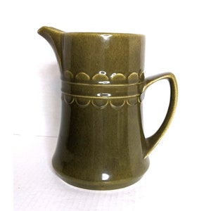 Vintage 1970s Homer Laughlin Sheffield Granada Green Ceramic Water Pitcher 7 inch