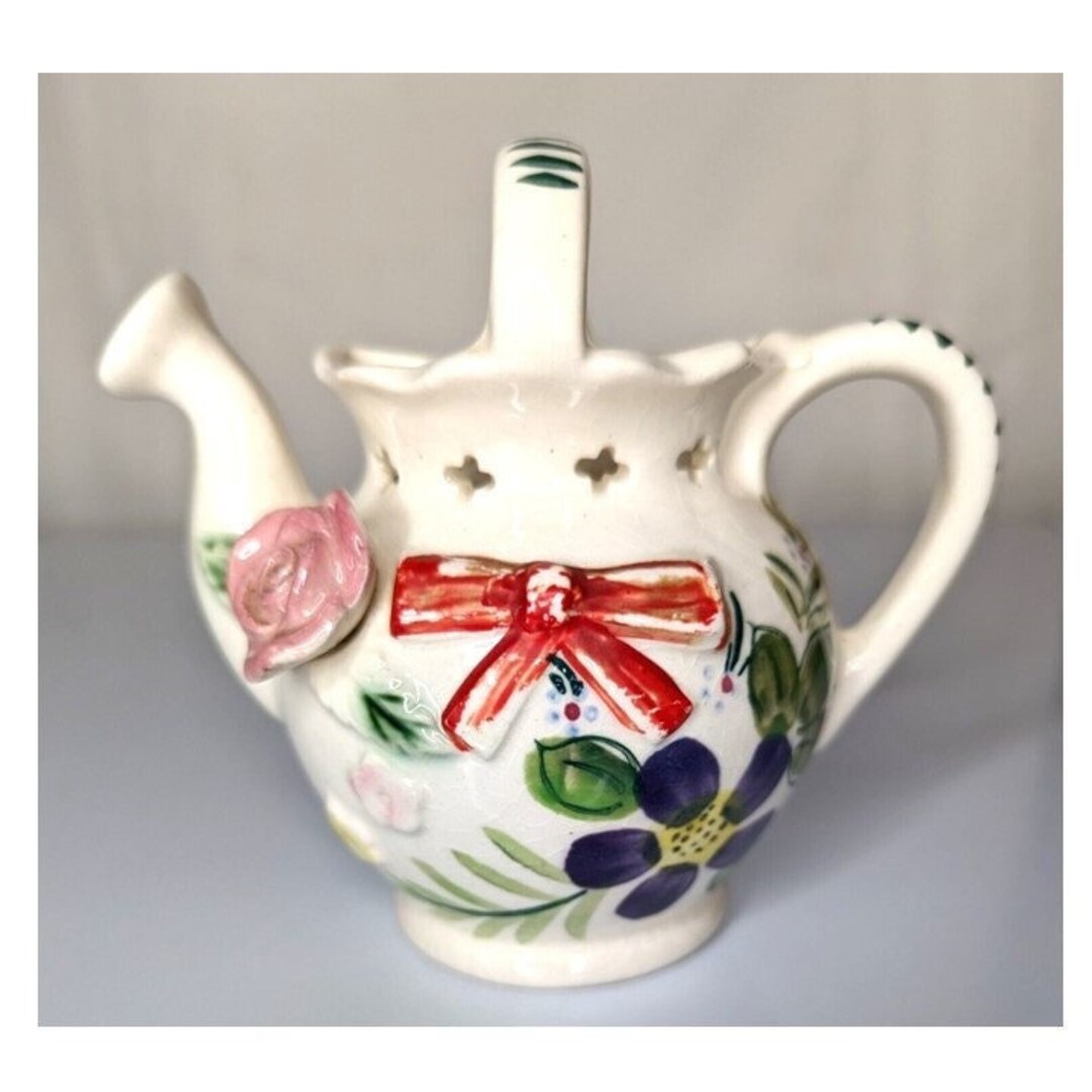Vintage Teapot Wall Pocket Vase Ceramic Hand Painted Flowers Farmhouse
