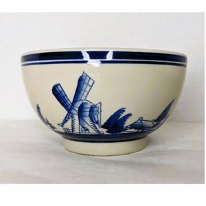 Blue Delft Style Pottery Bowl Windmill Sailboats Scenic Vintage Hand Painted
