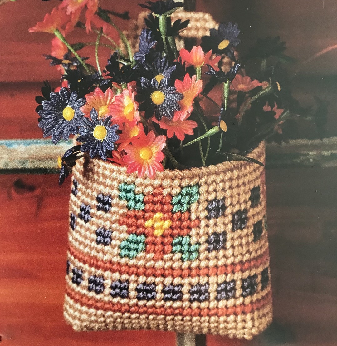 Vintage Wall Flower Basket Plastic Canvas Hanging Tote PDF Etsy