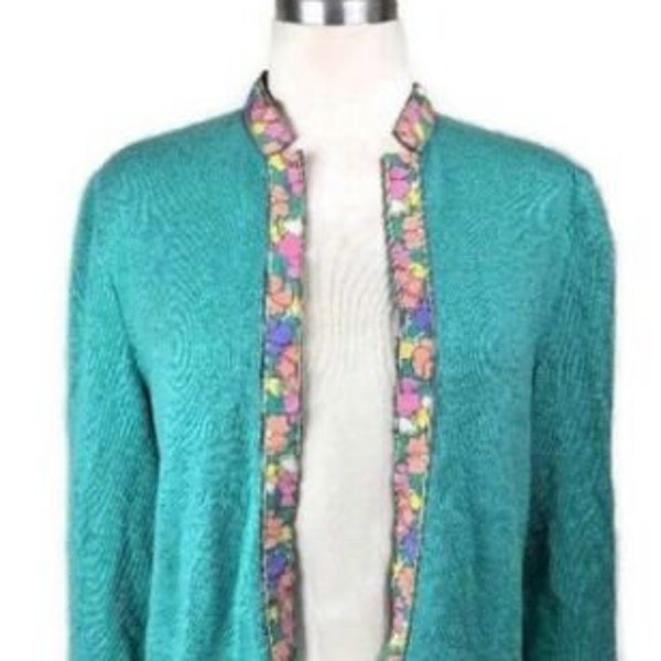 Vintage Parnes Feinstein Cardigan Teal Green Blue Ribbon Detail Sweater Sz M