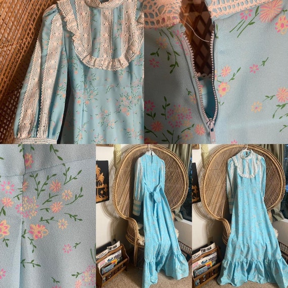 Vintage 1970s Victorian style Blue Floral Prairie… - image 4