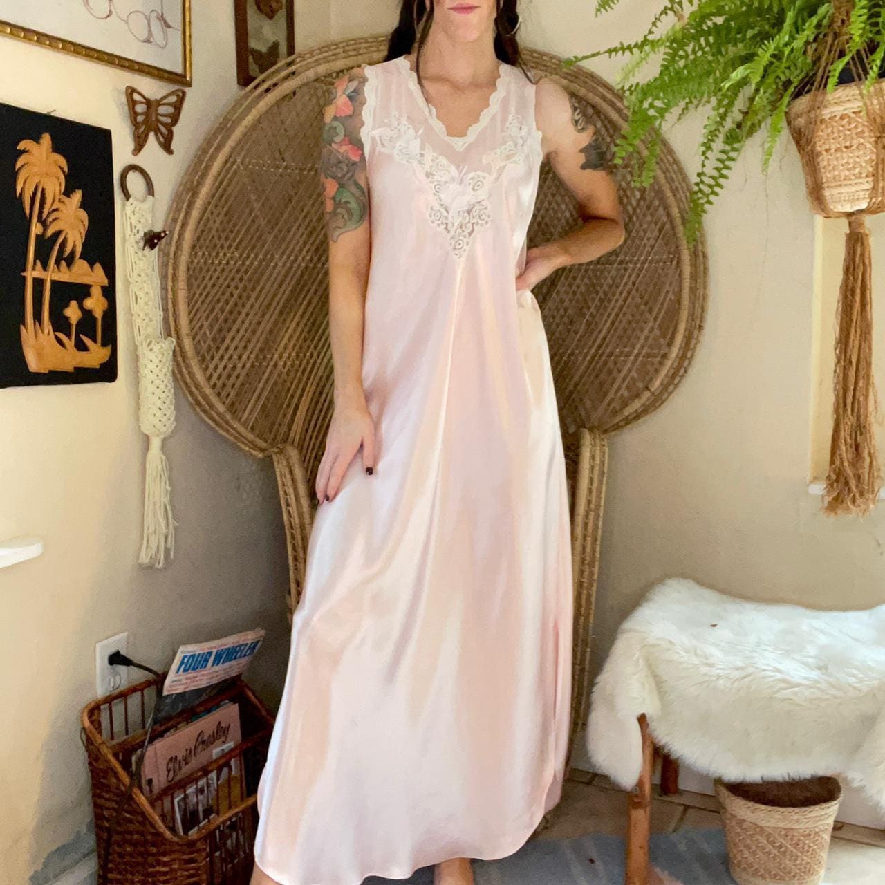 Antique Vintage Pink Silk Lace Nightgown Slip Dress Lace Accents - Ruby Lane