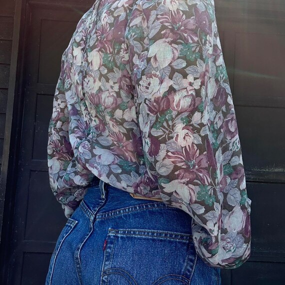 Vintage Floral Light Cotton Purple Blouse - image 2