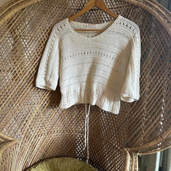 Vintage 1970s Knit Beaded Cream Top - image 4