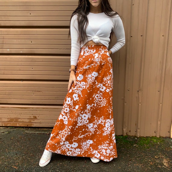 Vintage 70s Brown Floral Maxi Skirt