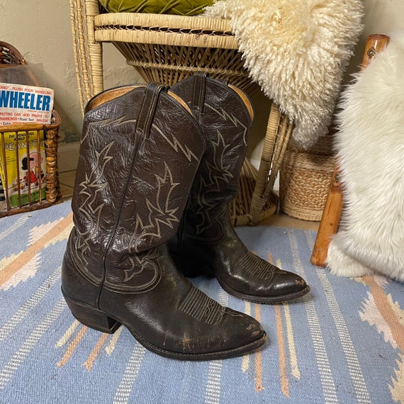 Vintage Tony Western Embellished Dark Brown Cowboy Boots