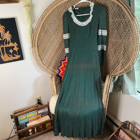 Vintage 1970s Green Polka Dot Prairie Dress - image 3