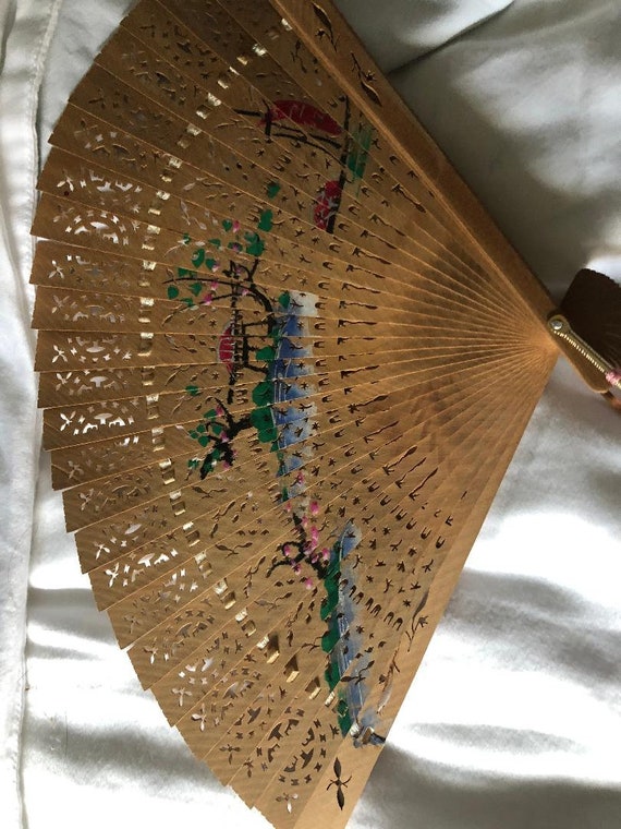 Vintage Asian Style Painted Wooden Fan