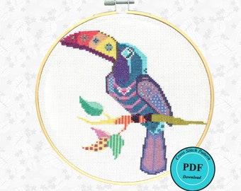 Colourful toucan bird PDF, mandala embroidery design, animal cross stitch pattern,  Instant digital Download PDF,