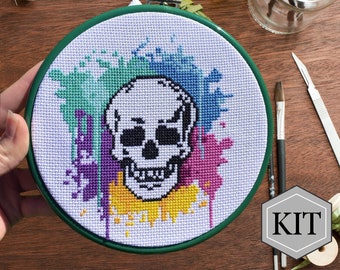 Colourful Skull Cross Stitch Kit, Paint Splat Skull Embroidery kit, DMC floss kit, Anatomy Cross Stitch kit, Adult Craft Kit