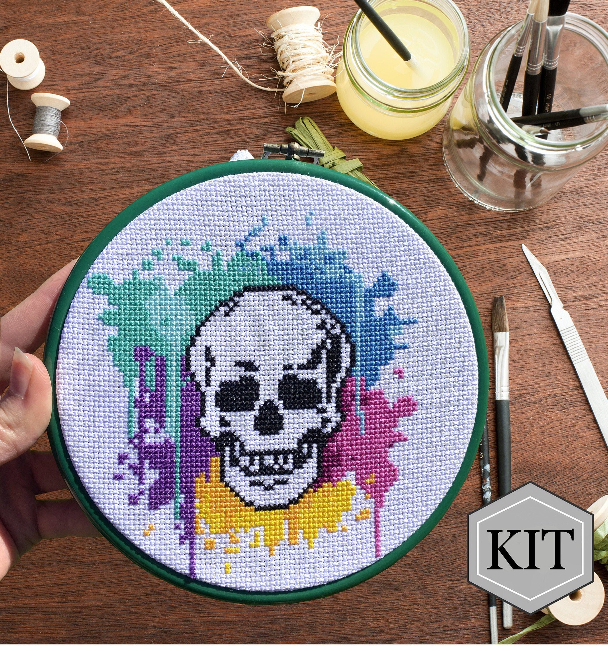 Colourful Skull Cross Stitch Kit Paint Splat Skull Embroidery Etsy