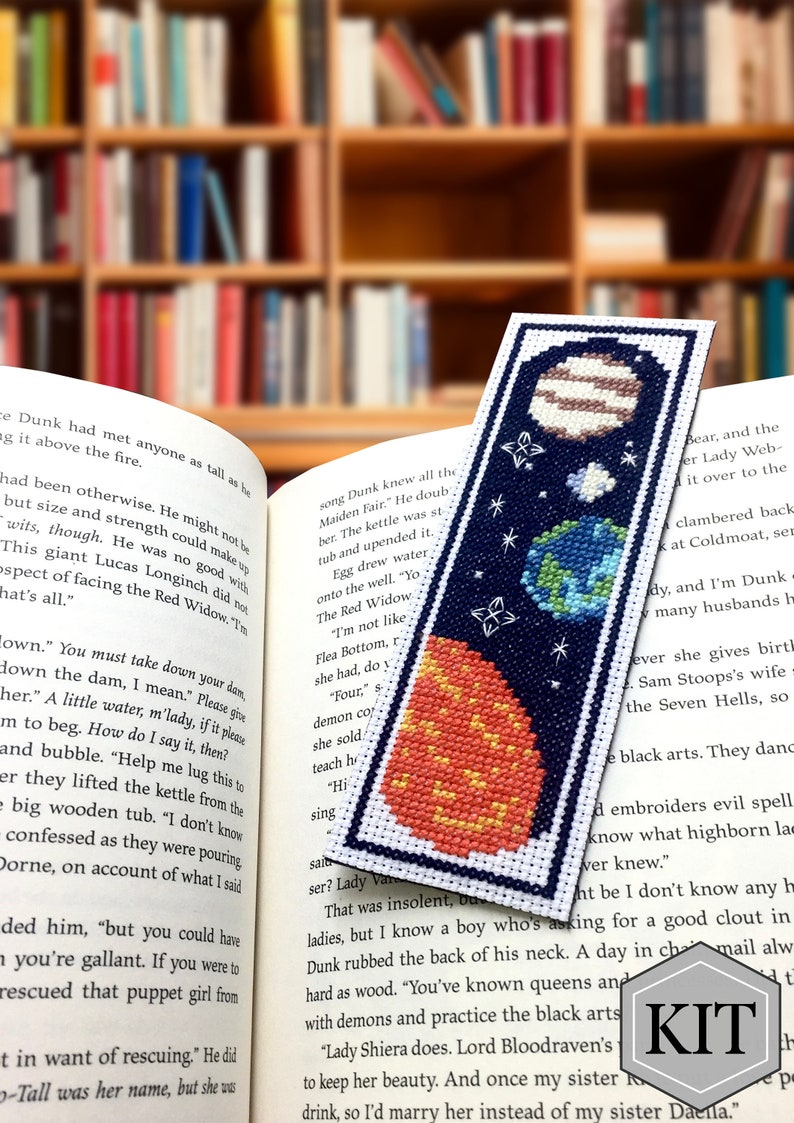 planet bookmark cross stitch kit, solar system cross stitch, space cross stitch, celestial, modern cross stitch kit, craft kit, DIY kit image 1