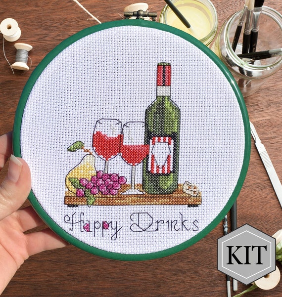 Wine and Dine Cross Stitch Kit, DIY Embroidery Pattern, Wine O'clock Cross  Stitch Kit, Beginner Needlepoint Kit 