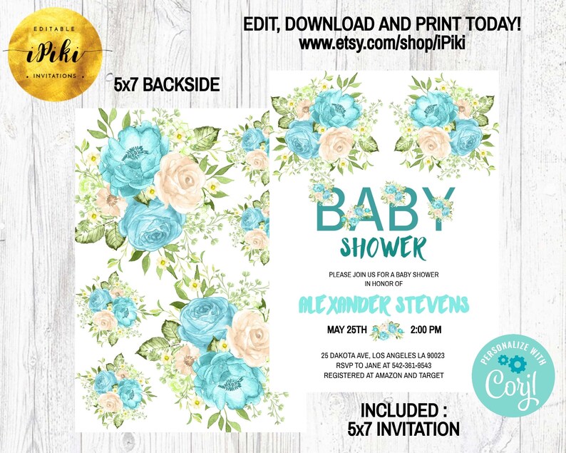 Blue Floral Baby Shower Invitation Set for Boy Printable Etsy
