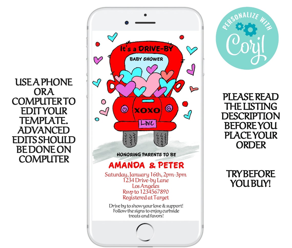 Editable Sweetheart Drive by Baby Shower Invitation Valentine Etsy