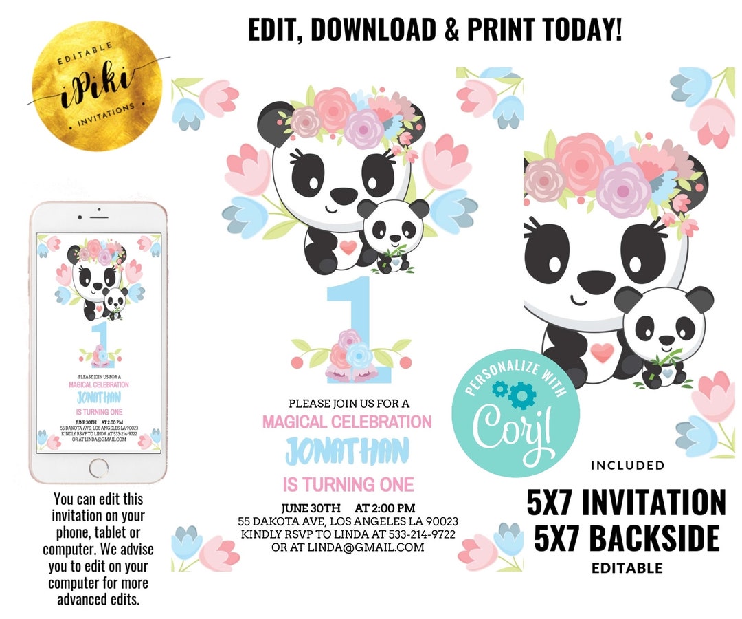 Baby Panda Invitation for Girl First Birthday Invitation With - Etsy