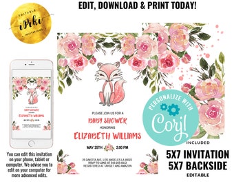 Woodland Fox Baby Shower Invitation Editable Forest Baby Fox Invite Boho Fox Baby Shower Party Pink Rose Fox Forest Baby Shower Template