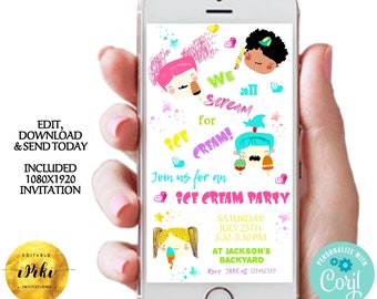 Ice Cream Party Invitation, Summer Party Invite, Electronic Ice Cream Invitation, Ice Cream Sweet Party, Digital Invitation