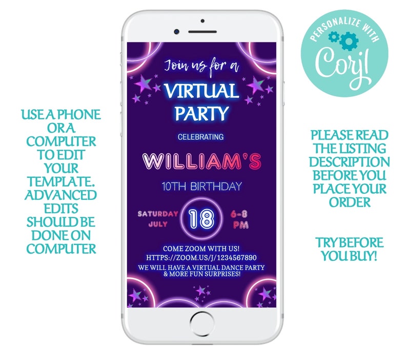Virtual Party Invitation Boys Zoom Party Birthday Evite Etsy