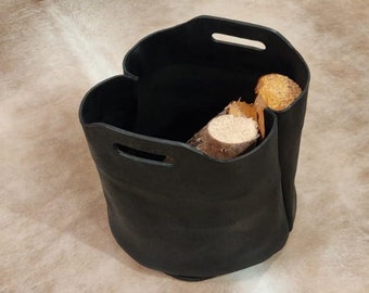 Kaminholztasche, Holzkorb, Feuerholzkorb, Kaminkorb, Einkaufsshopper, aus Leder, schwarz