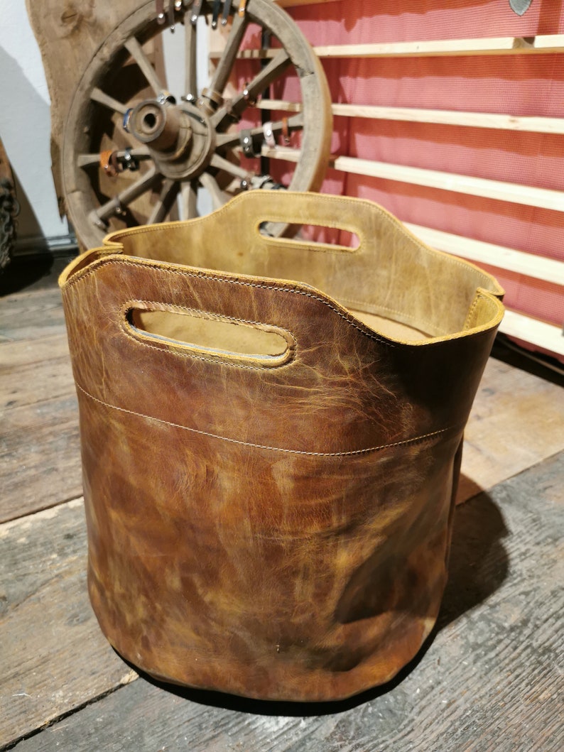 Firewood bag, shopper, shopping bag a. Oiled leather, beach bag, basket, returnable bottles, newspaper, brown, rustic look, wooden basket image 2