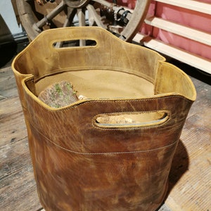 Firewood bag, shopper, shopping bag a. Oiled leather, beach bag, basket, returnable bottles, newspaper, brown, rustic look, wooden basket image 3