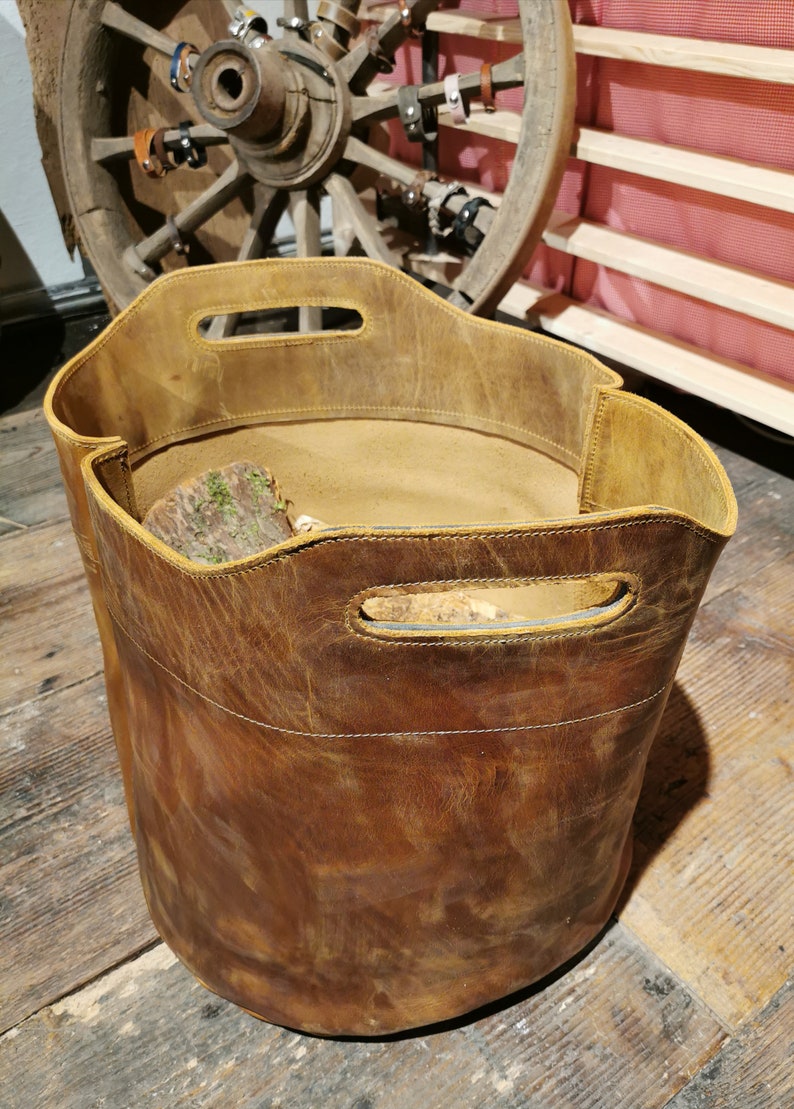 Firewood bag, shopper, shopping bag a. Oiled leather, beach bag, basket, returnable bottles, newspaper, brown, rustic look, wooden basket image 3