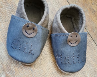 Leder Babyschuhe mit Namen und Motiv, Krabbelschuhe, Hausschuhe, Gummizug, Antirutschsohle, Babyparty, Geschenk zur Geburt