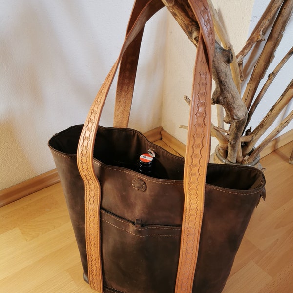 Einkaufstasche, Tragetasche, Shopper, Schultertasche, Cross Body, Fettleder, Ledertasche, Vintagetasche, punzierte Tasche