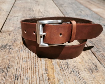 Leather belt with solid stainless steel buckle, 4 cm wide, brown, length 80, 85,90,95,100,110,115,120,125 cm